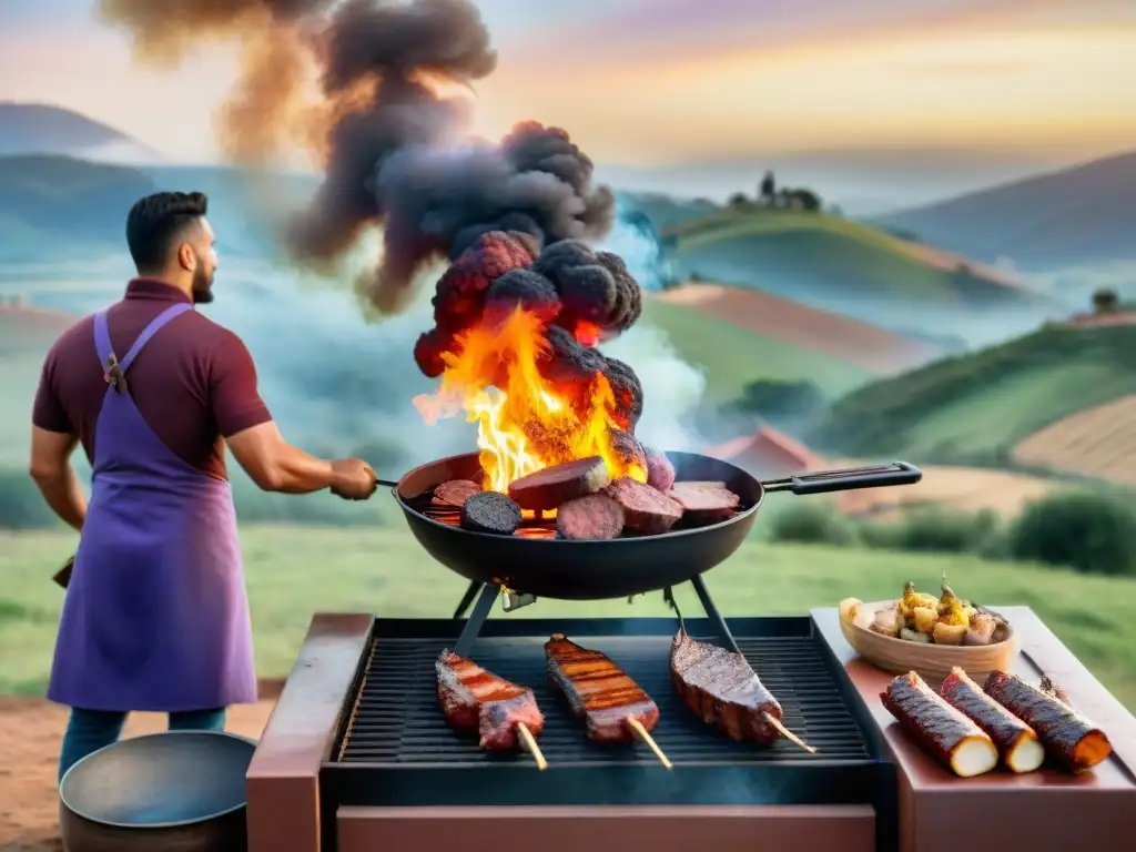 Un maestro asador uruguayo experto en la parrilla, rodeado de un paisaje campestre, preparando un asado