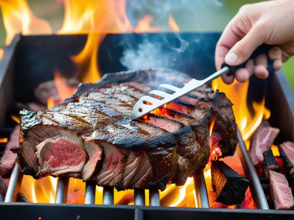 Un maestro asador uruguayo experto en parrilla, asando un suculento chuletón sobre brasas ardientes, mostrando las mejores técnicas asado uruguayo