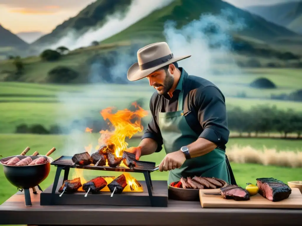 Un maestro asador uruguayo en su parrilla, mostrando técnicas de asado uruguayas en un entorno campestre exuberante