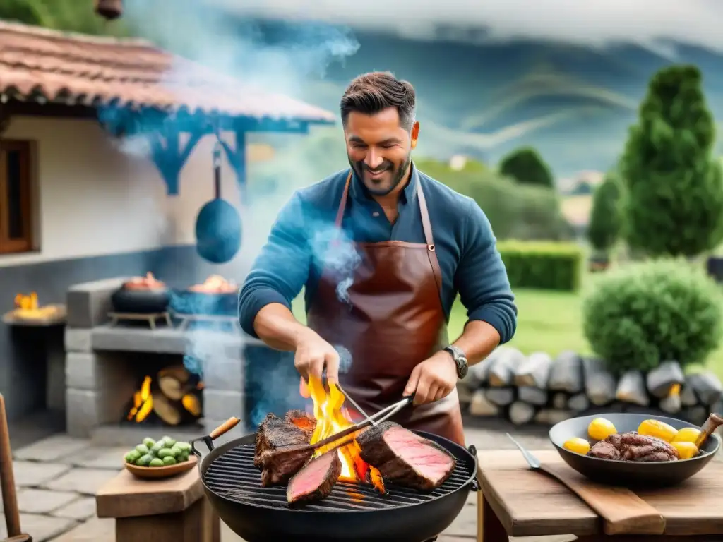 Un maestro asador uruguayo perfecciona técnicas de asado de cordero en una parrilla al aire libre, rodeado de elementos tradicionales