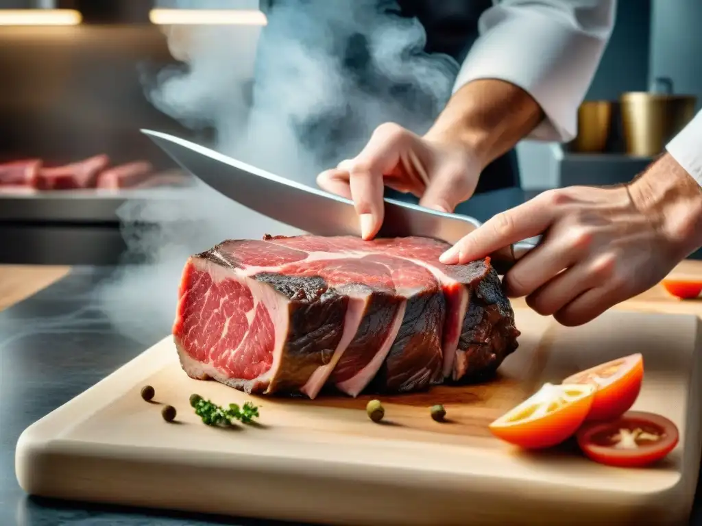 Un maestro carnicero corta expertamente carne de primera calidad, destacando las innovaciones en corte de carne