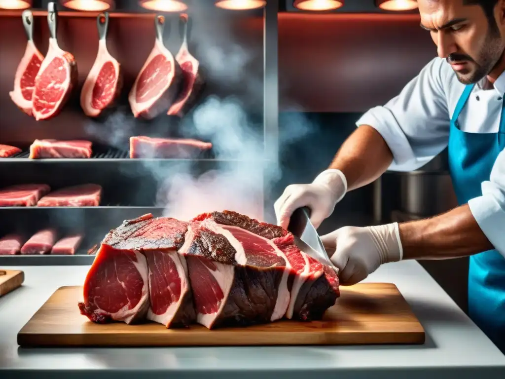 Arte carnívoro: maestro carnicero prepara cortes premium de carne uruguaya Un maestro carnicero seleccionando cortes premium de carne uruguaya para un asado tradicional