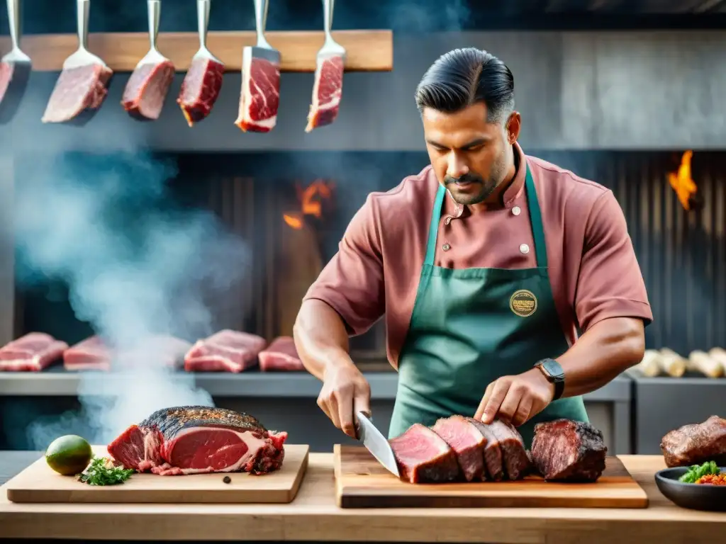 Un maestro carnicero selecciona los mejores cortes de carne asado con precisión para un auténtico asado uruguayo