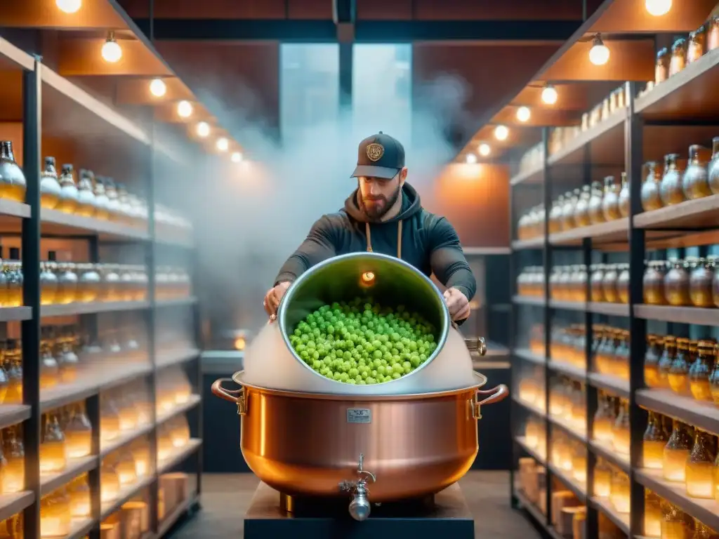 Un maestro cervecero vierte lúpulo en una olla de cobre, rodeado de ingredientes cerveceros y luces cálidas