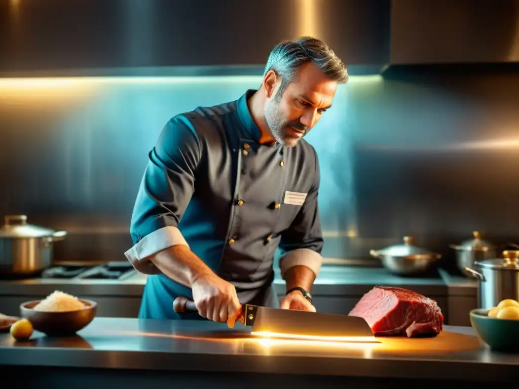 Un maestro chef afila con cuidado un gran cuchillo de carnicero, reflejando la luz cálida de la cocina