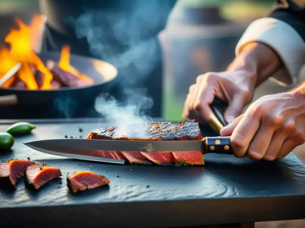 Un maestro chef afila con destreza un cuchillo de asado bajo el sol, reflejando los colores vibrantes de una parrillada