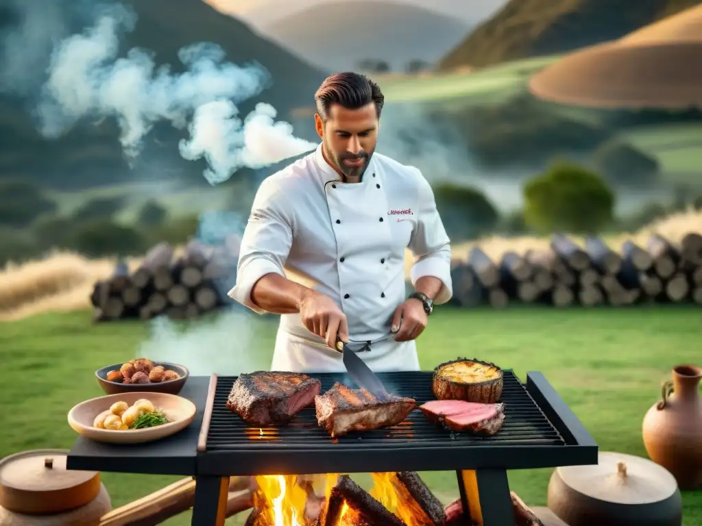 Un maestro chef experto en asado Uruguayo, preparando suculentas carnes a la parrilla sobre un pozo de fuego de leña