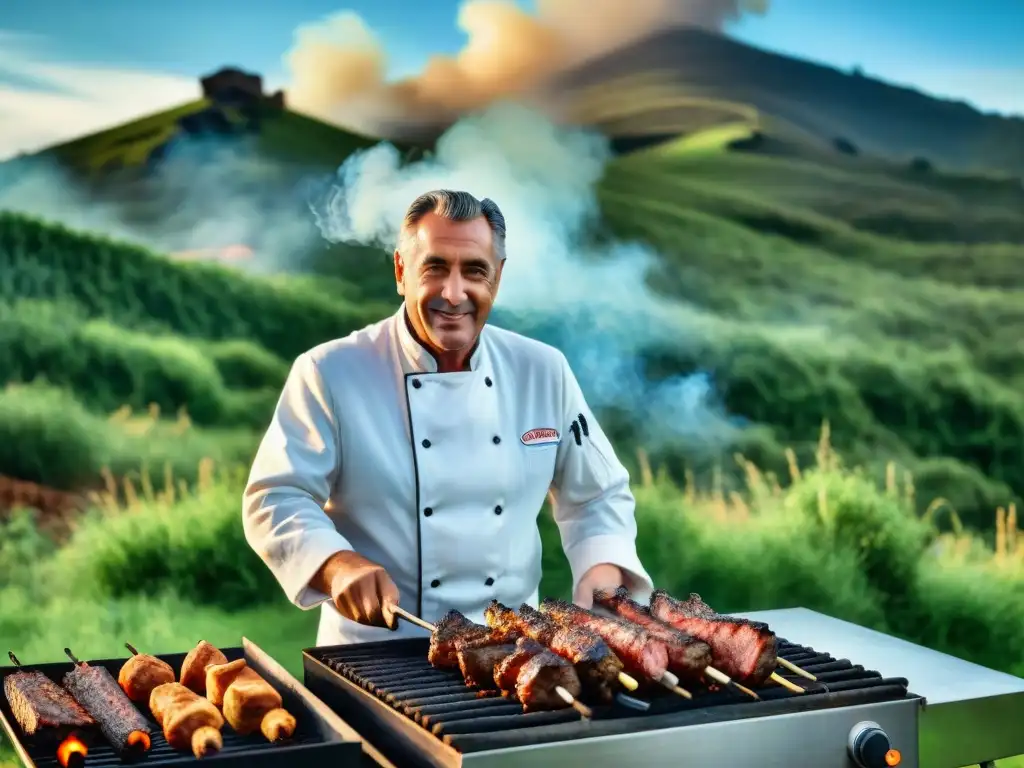 Un maestro chef uruguayo experto en asados tradicionales, cocinando a la parrilla en el campo