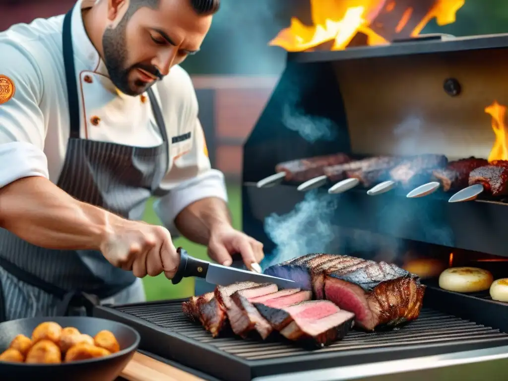 El maestro chef afila un cuchillo brillante en una parrilla al atardecer