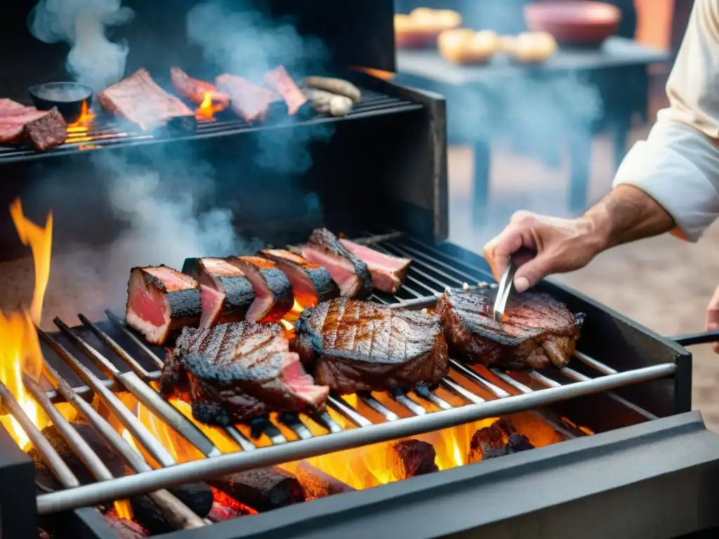 Un maestro de la parrilla atiende un asado uruguayo tradicional, evitando errores comunes