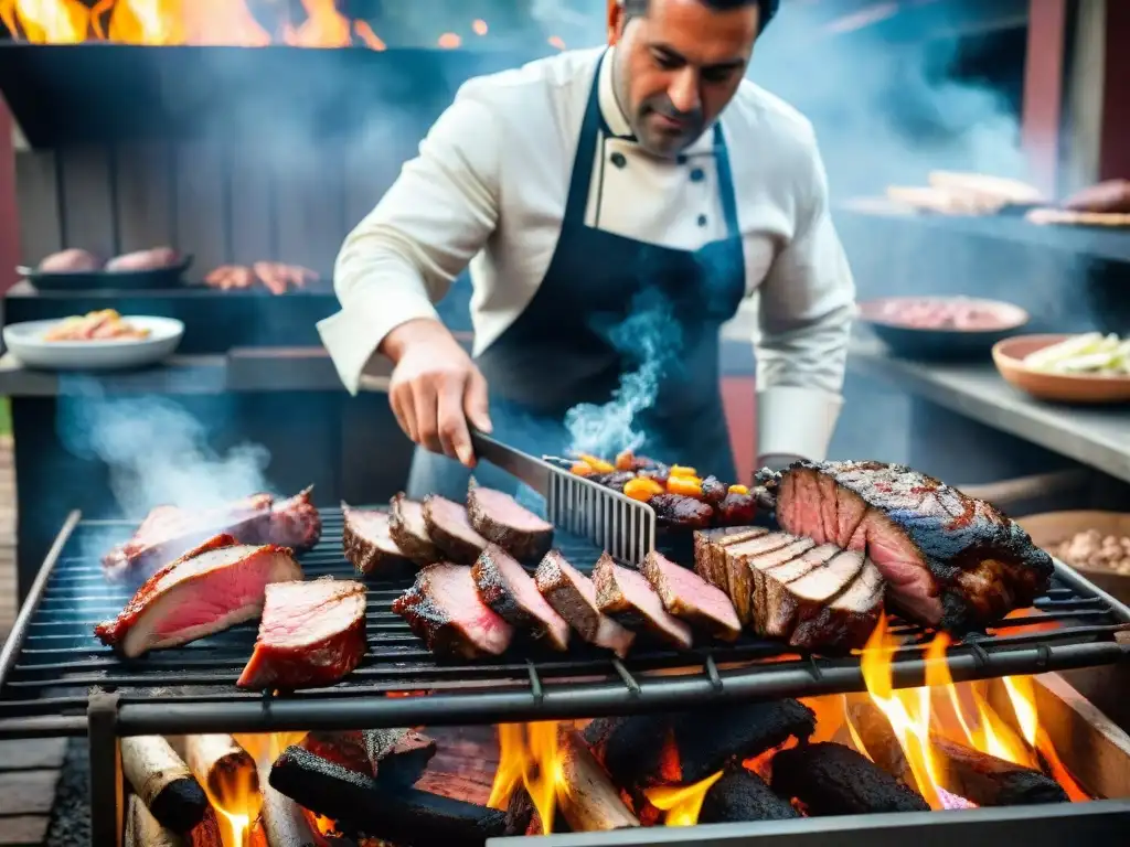 Maestro de la parrilla asando carne al estilo uruguayo, revelando secretos técnicas asado uruguayo