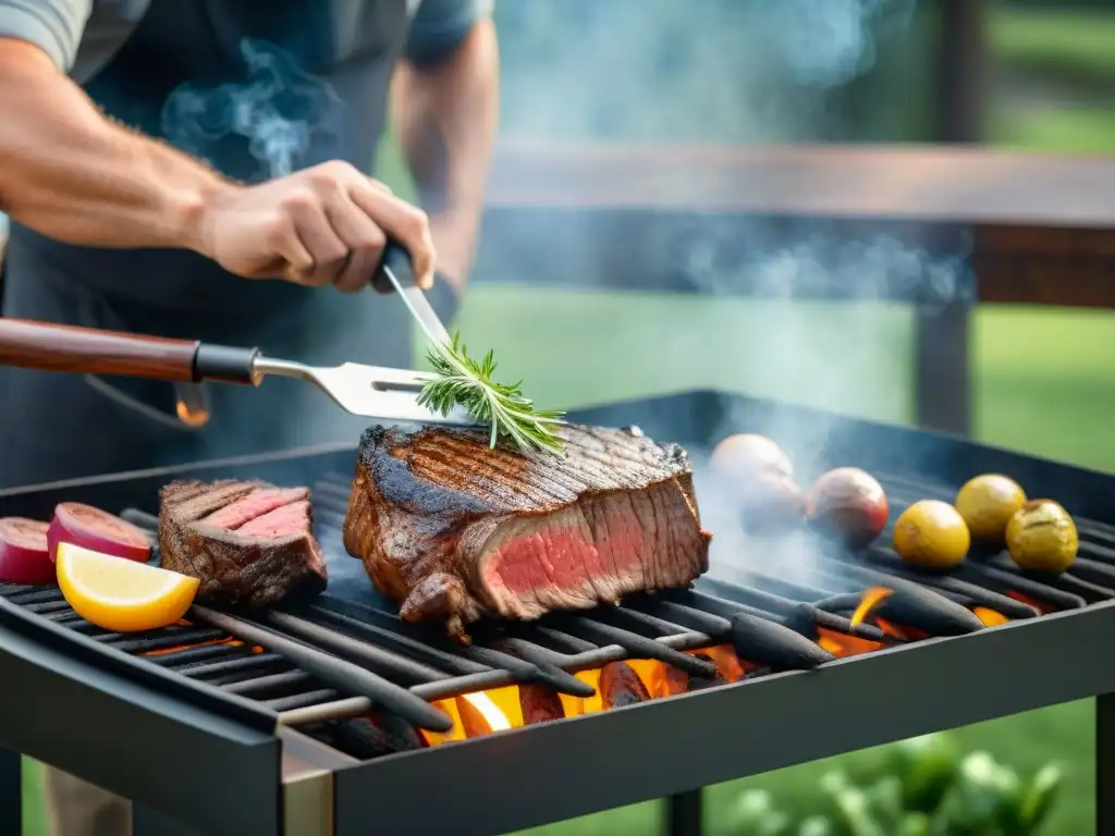 Maestro de la parrilla asando carne premium con pasión en un entorno campestre, para la guía completa para asado uruguayo