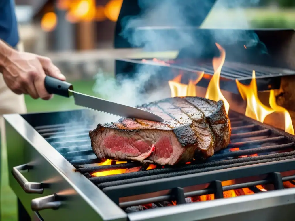 Un maestro de la parrilla corta con precisión un jugoso filete en un ambiente de barbacoa al aire libre