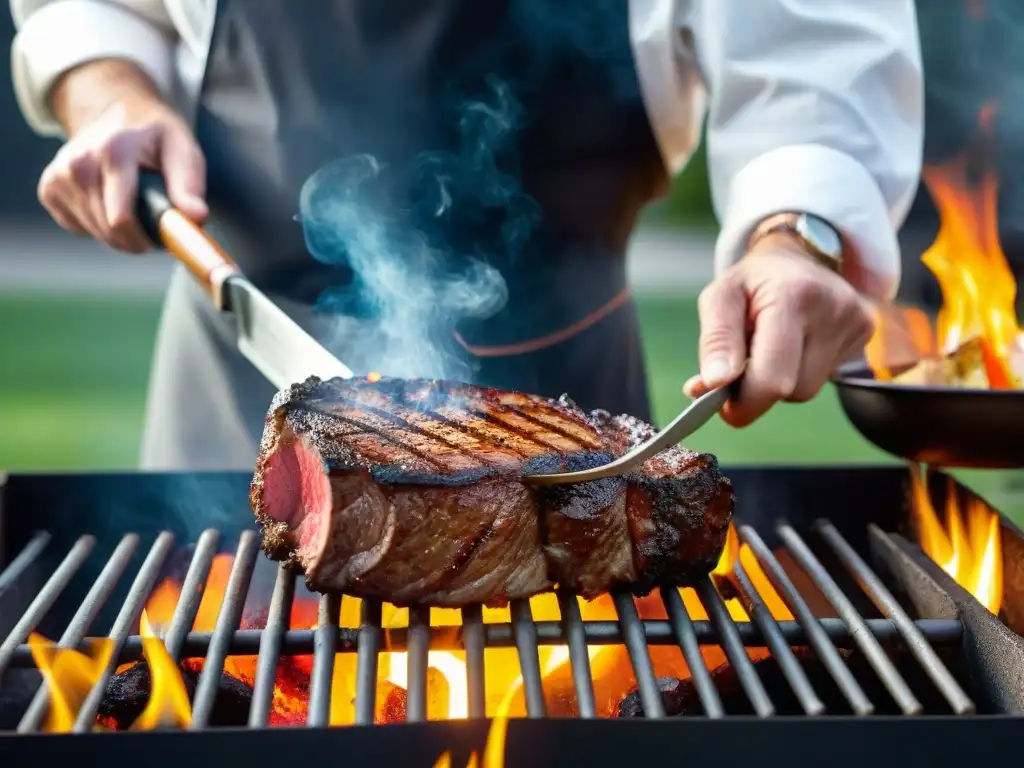 Un maestro de la parrilla experto sellando un bistec perfectamente marmoleado sobre las llamas, con humo y luz dorada al atardecer