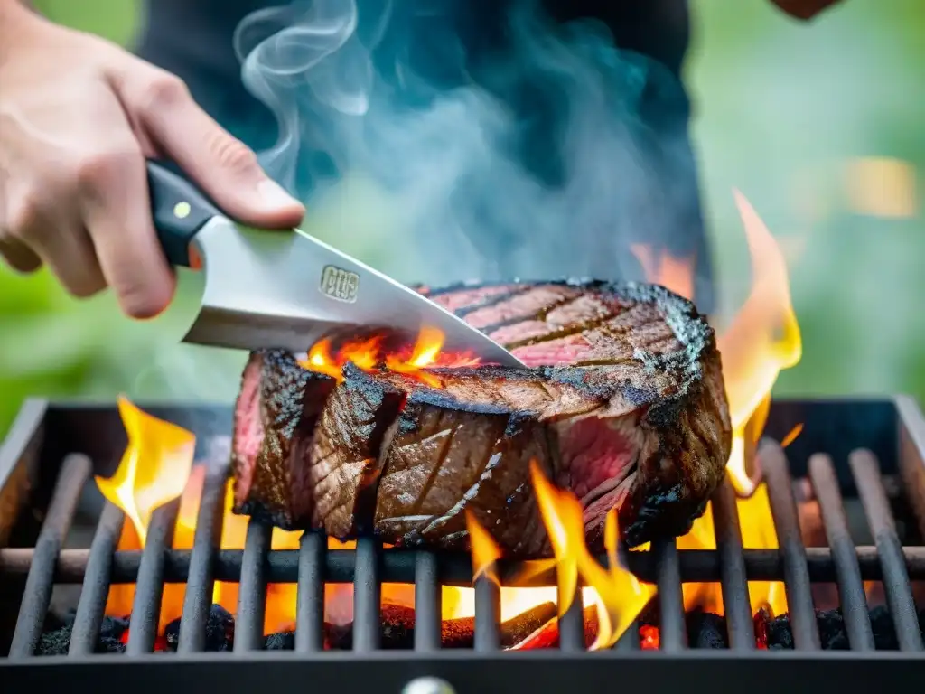 Un maestro de la parrilla experto voltea un jugoso filete sobre brasas ardientes, certificaciones para mejorar asado