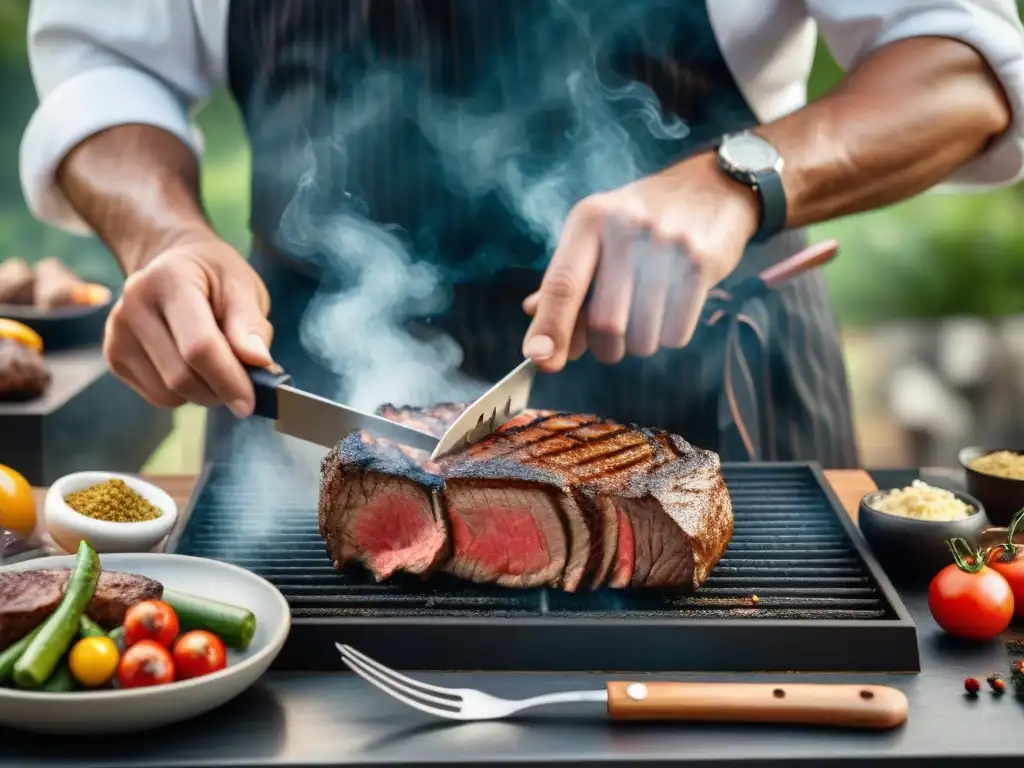 Un maestro de la parrilla experto tallando un suculento filete rodeado de herramientas de asado