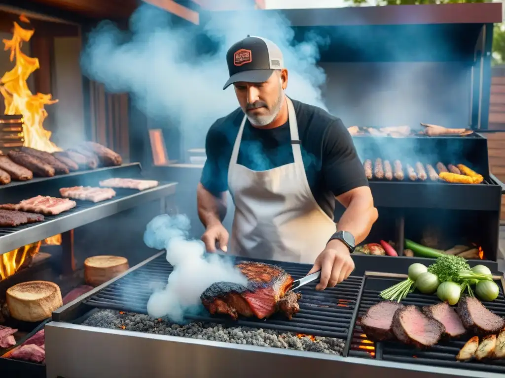 Maestro de la parrilla experto ajustando la temperatura de la parrilla, rodeado de carnes y vegetales ahumándose