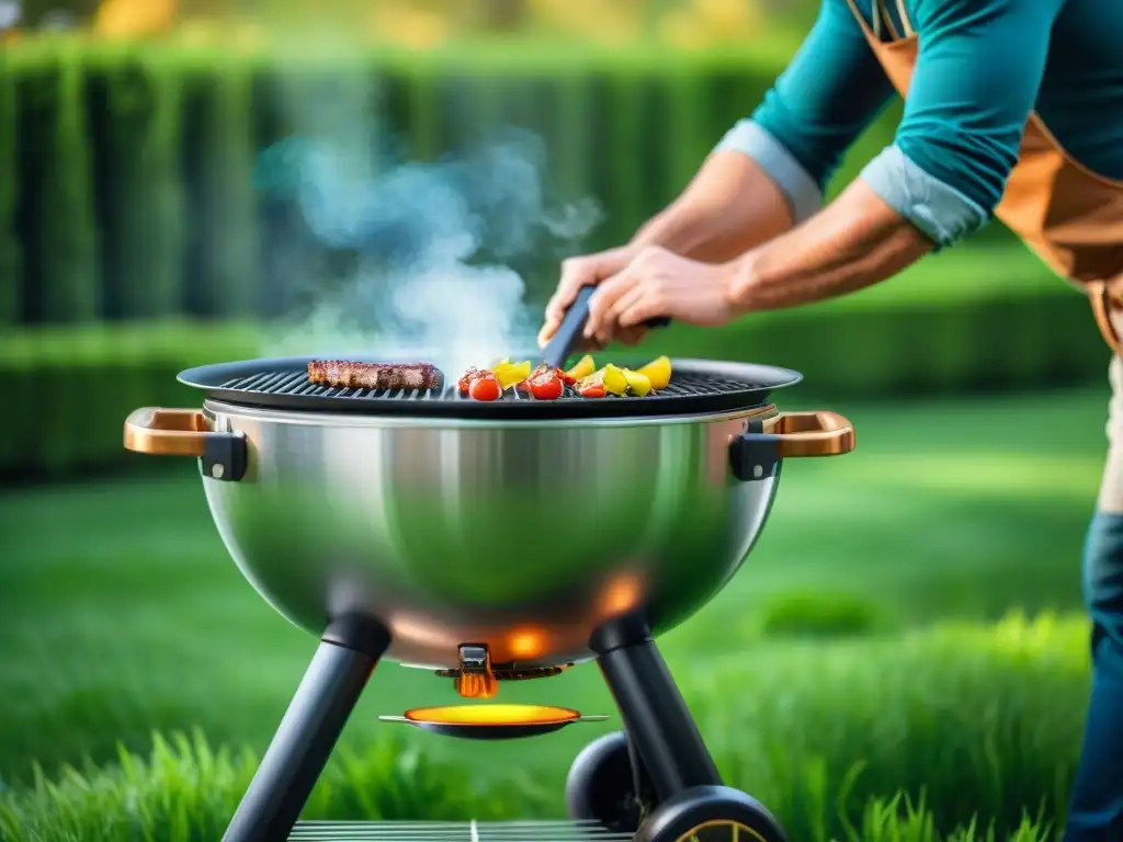 Un maestro de la parrilla cuidadosamente limpia y engrasa una brillante barbacoa bajo el sol