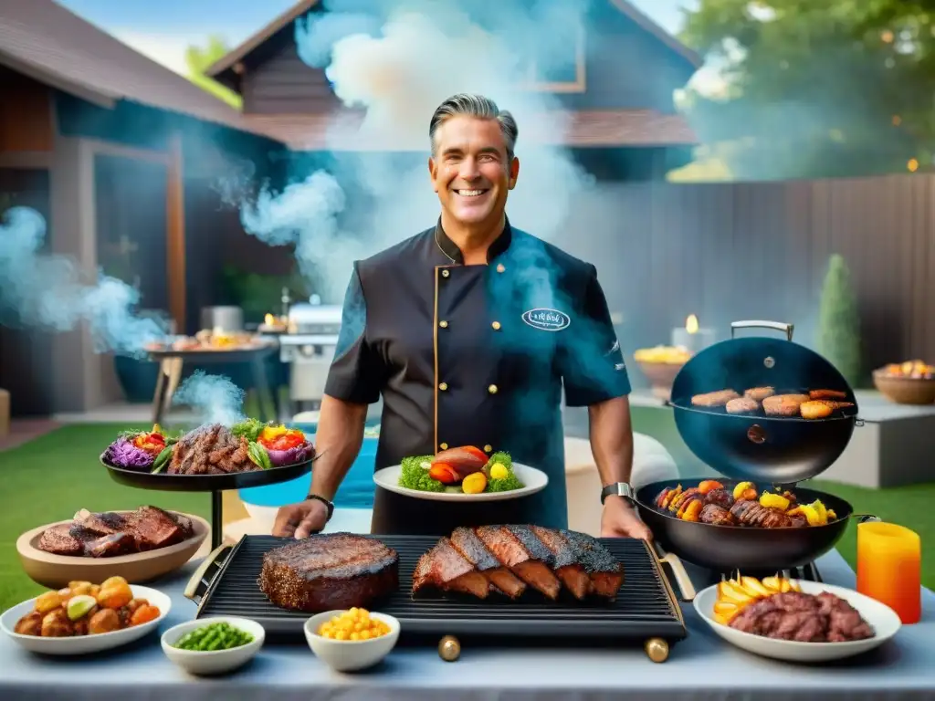 Un maestro de la parrilla orgulloso junto a un festín perfectamente cocinado al aire libre