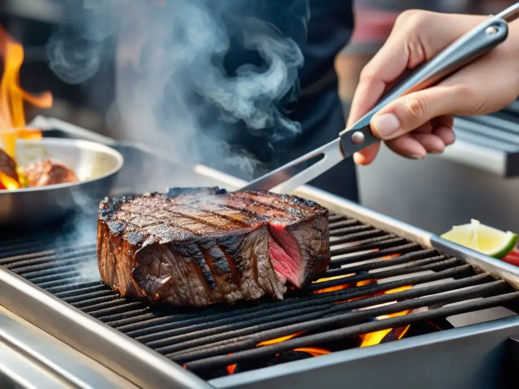 Un maestro de la parrilla recorta con precisión la grasa de un suculento filete, mostrando las técnicas de corte para asado