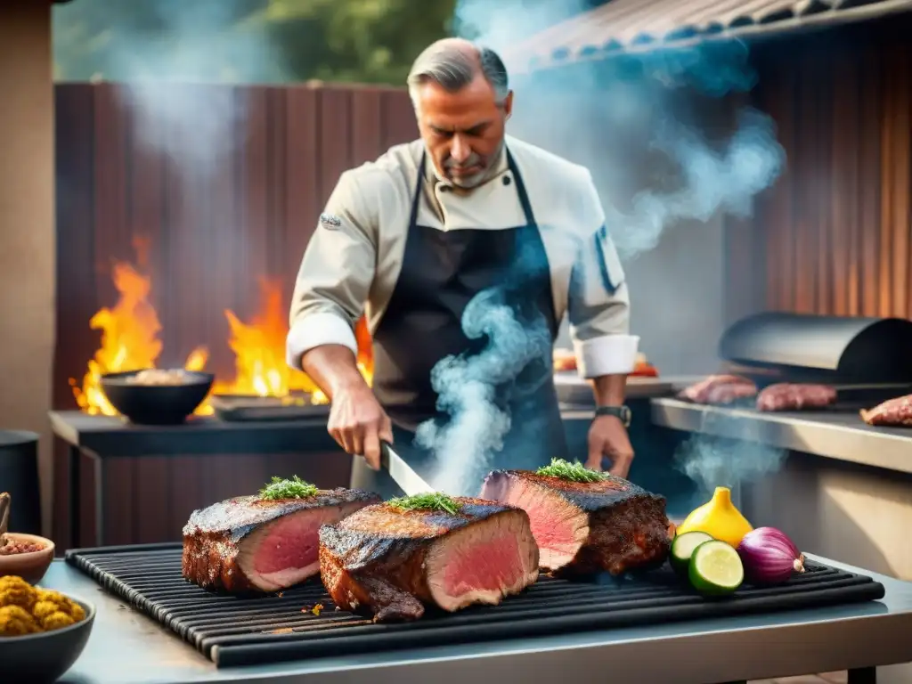 Un maestro de la parrilla sazona expertamente un corte de carne mientras el humo se eleva