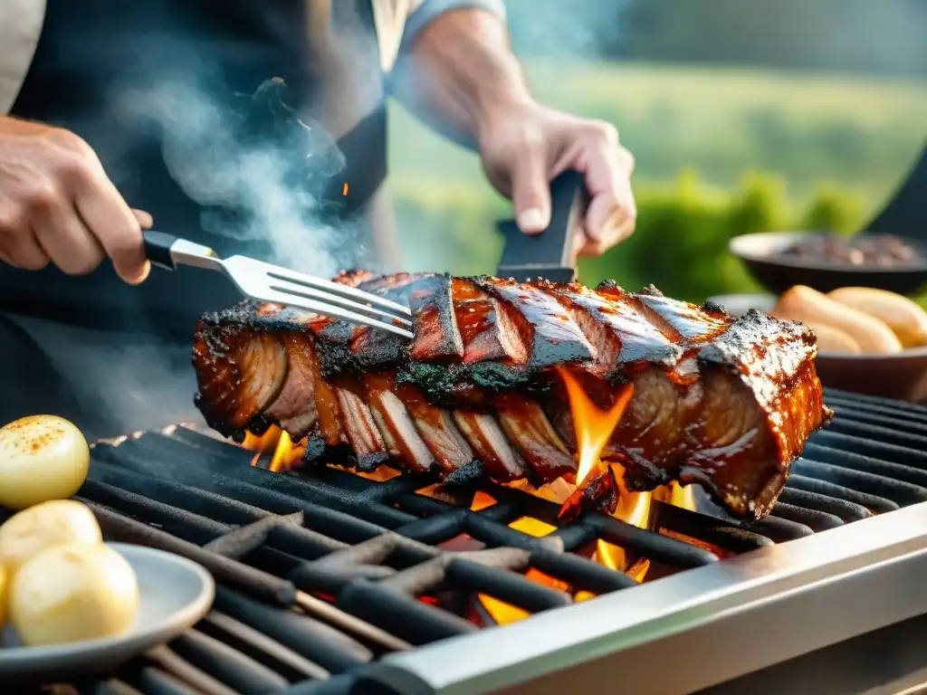 Un maestro de la parrilla sazona expertamente unas jugosas costillas BBQ al estilo uruguayo, creando una escena visualmente cautivadora