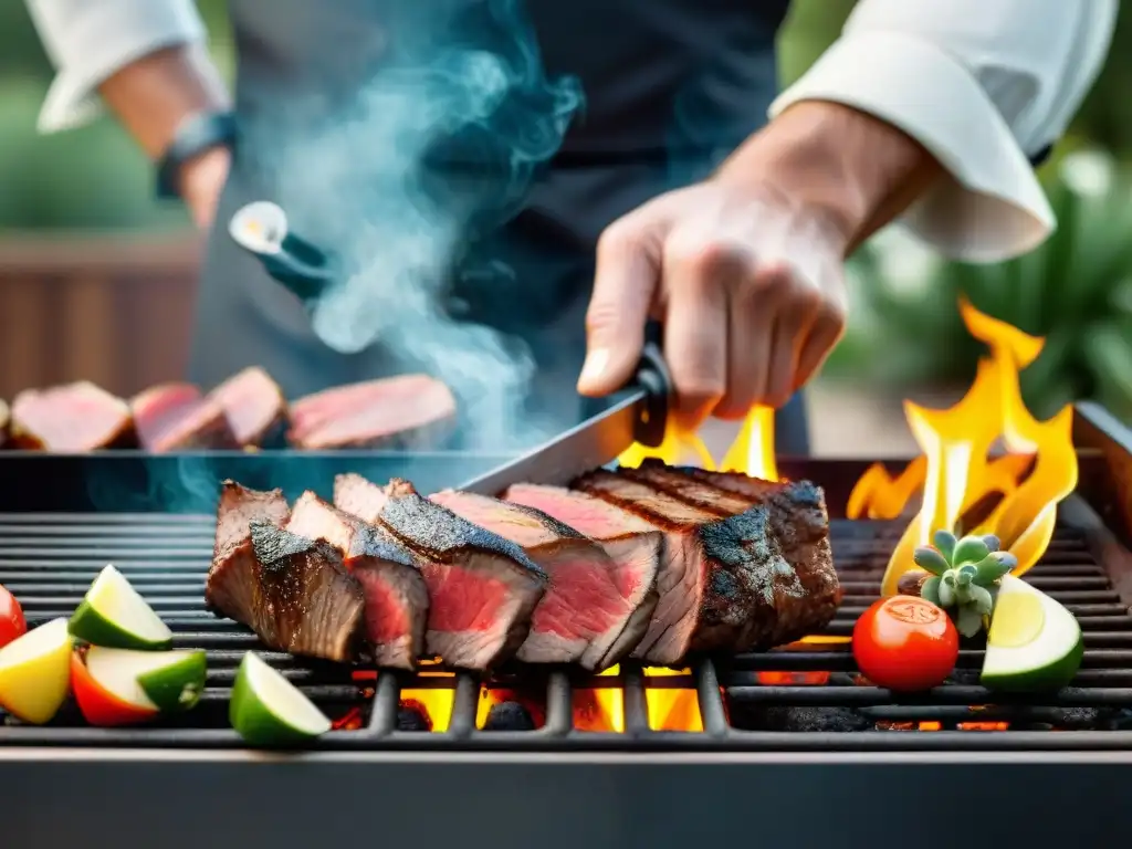 Un maestro de la parrilla cortando expertamente un suculento filete en un entorno de barbacoa al aire libre