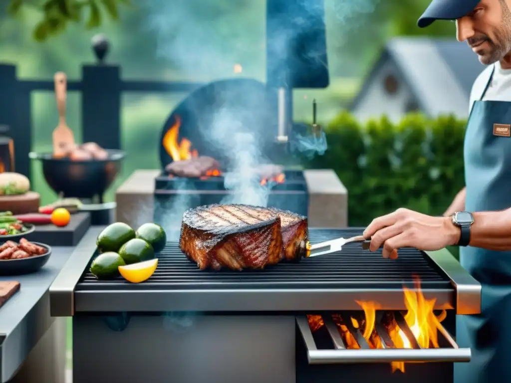 Un maestro de la parrilla utiliza técnicas avanzadas en una parrilla de alta gama, mostrando su expertise culinario