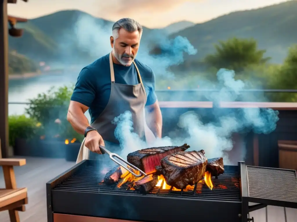 Un maestro de la parrilla maneja las tenazas sobre la brasa, con filetes perfectamente dorados