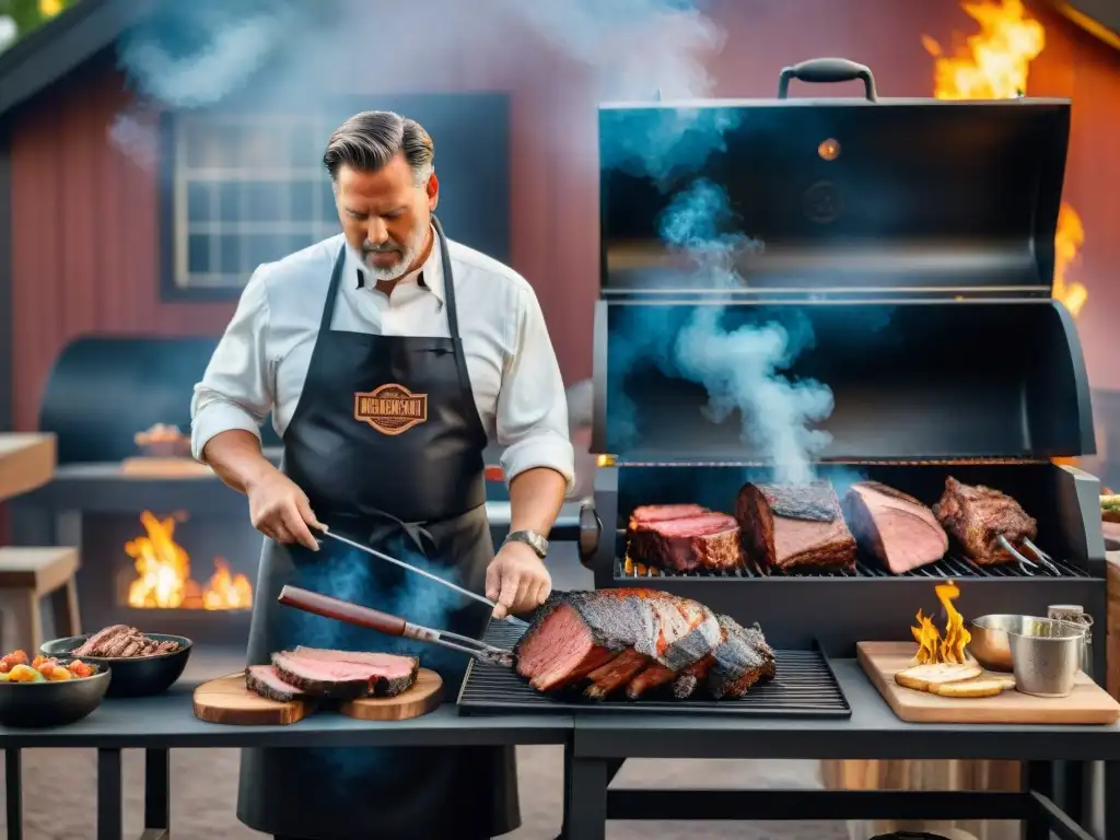 Un maestro parrillero experto en un ahumador tradicional, rodeado de humo y carne, en un entorno rústico al atardecer