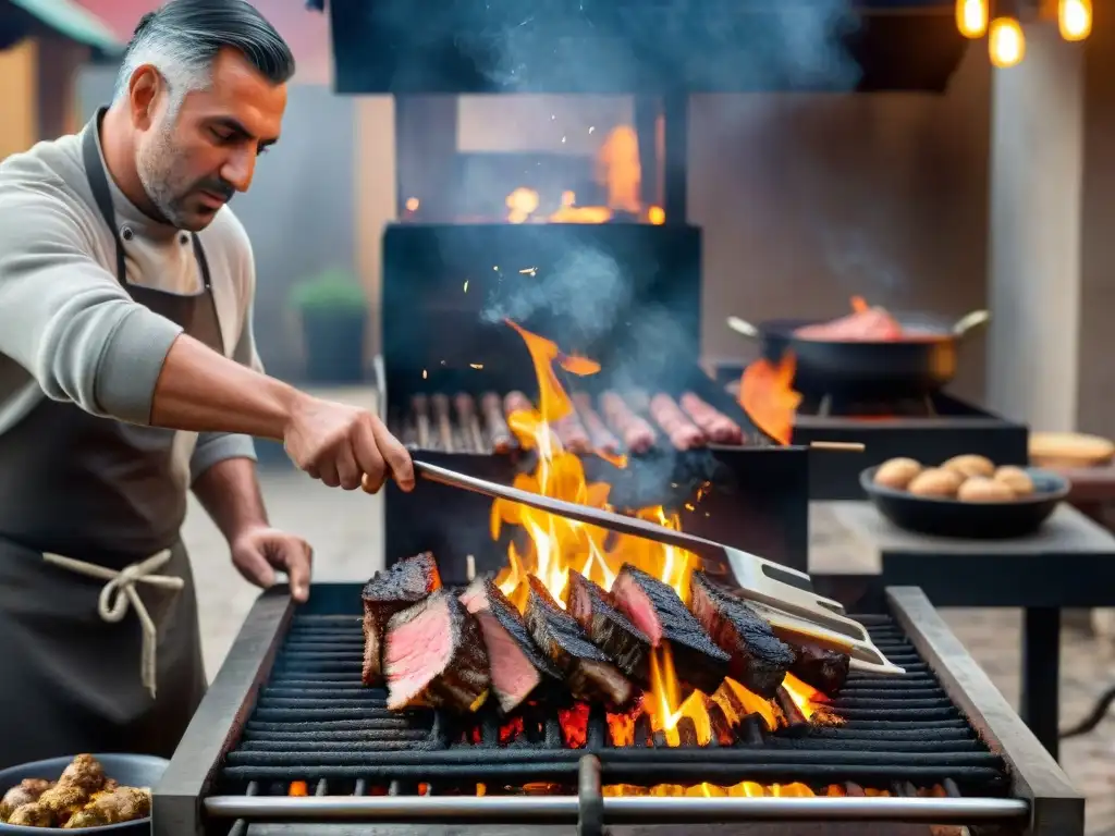 Un maestro parrillero experto manejando con destreza las brasas ardientes en una parrilla argentina, demostrando técnicas asador maestro parrillero