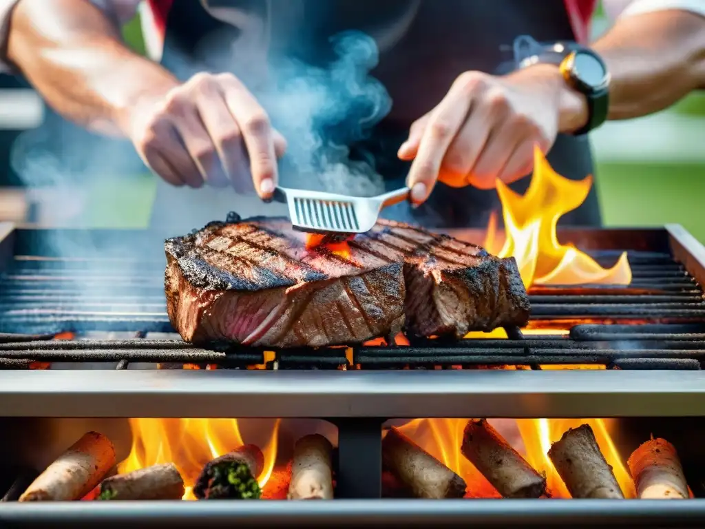 Un maestro parrillero experto en técnicas asador sazona con precisión un suculento filete en una parrilla llameante