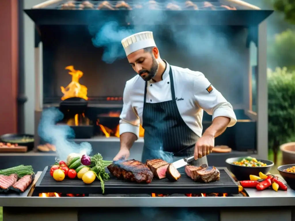 Un maestro parrillero experto en técnicas de asador, grilla con precisión una variedad de carnes y vegetales en una parrilla argentina