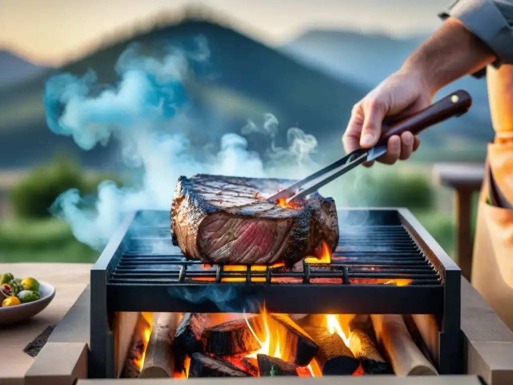 Un maestro parrillero experto en técnicas asador asa a la perfección un suculento filete sobre brasas ardientes al atardecer