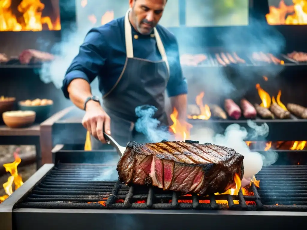 Un maestro parrillero sazona un jugoso bife en un asado, técnicas asador maestro parrillero