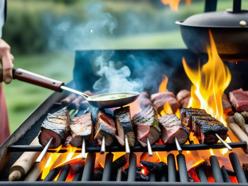 Un maestro parrillero uruguayo asando carne en un entorno campestre, mostrando la historia y evolución del asado uruguayo