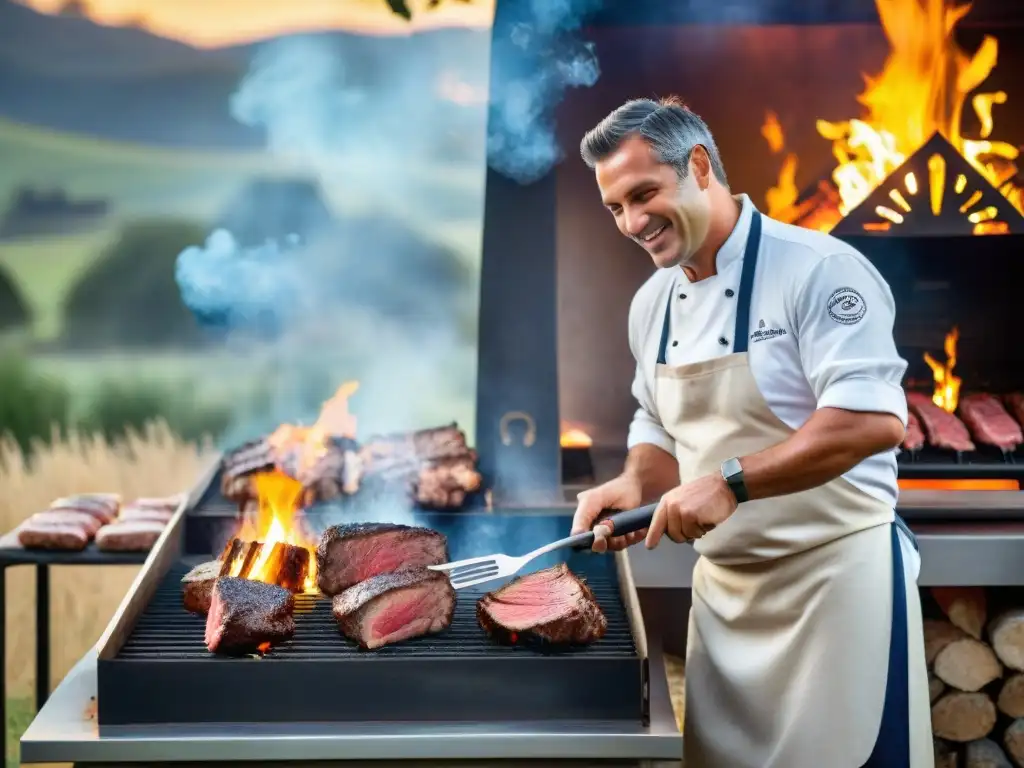 Un maestro parrillero uruguayo asando carne a la parrilla en un entorno campestre, historia y evolución del asado uruguayo