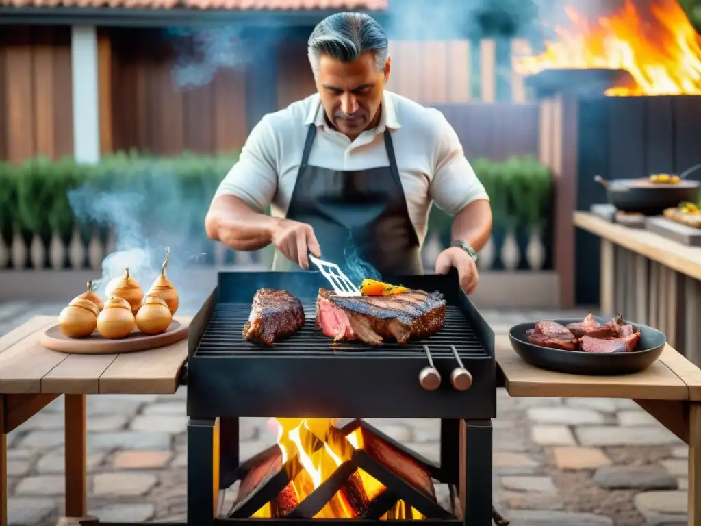 Un maestro parrillero uruguayo cocinando carne en un asado tradicional