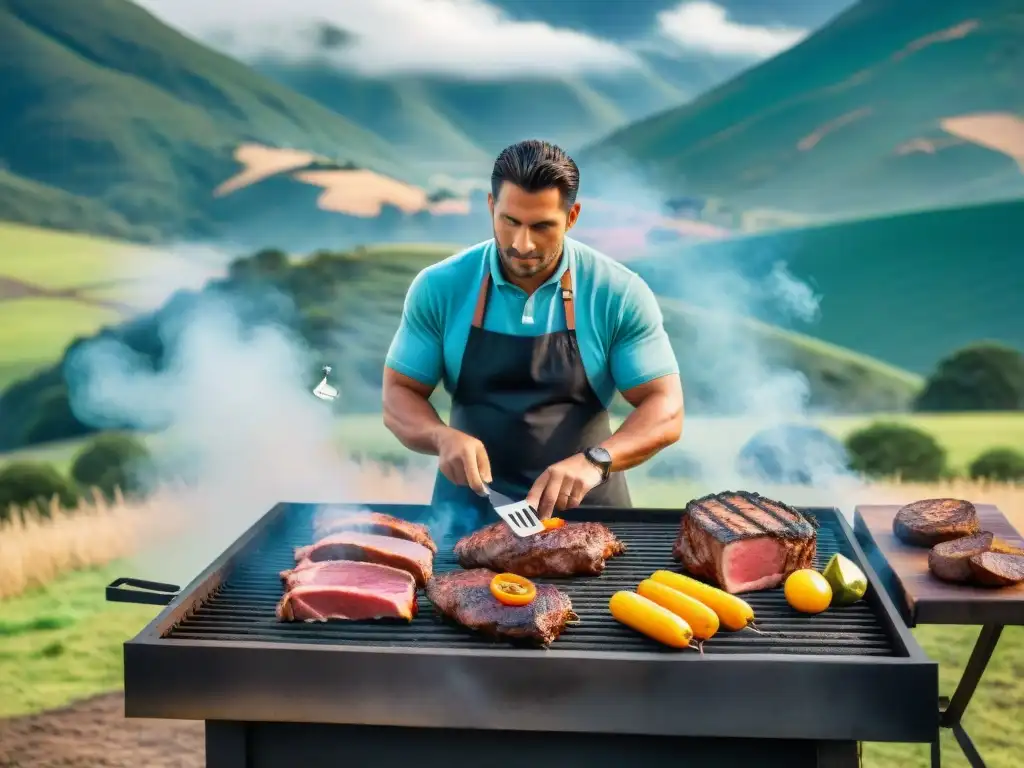 Un maestro parrillero uruguayo asando carne en un campo con colinas y ganado