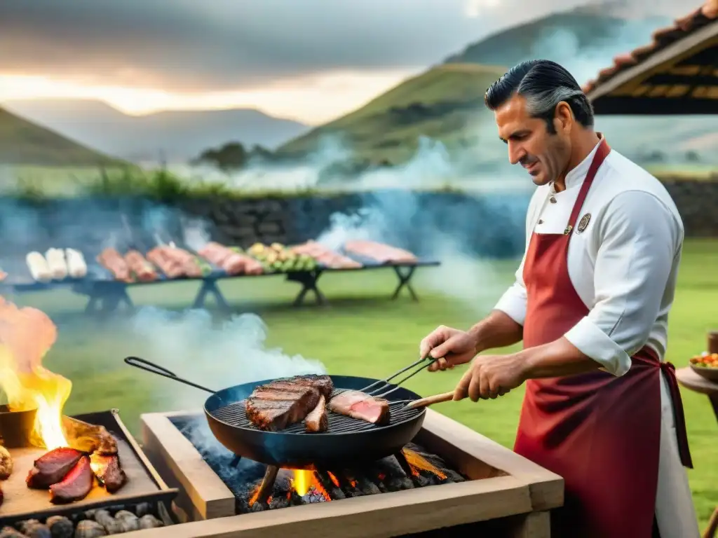 Un maestro parrillero uruguayo asando cortes de carne sobre llamas en el campo