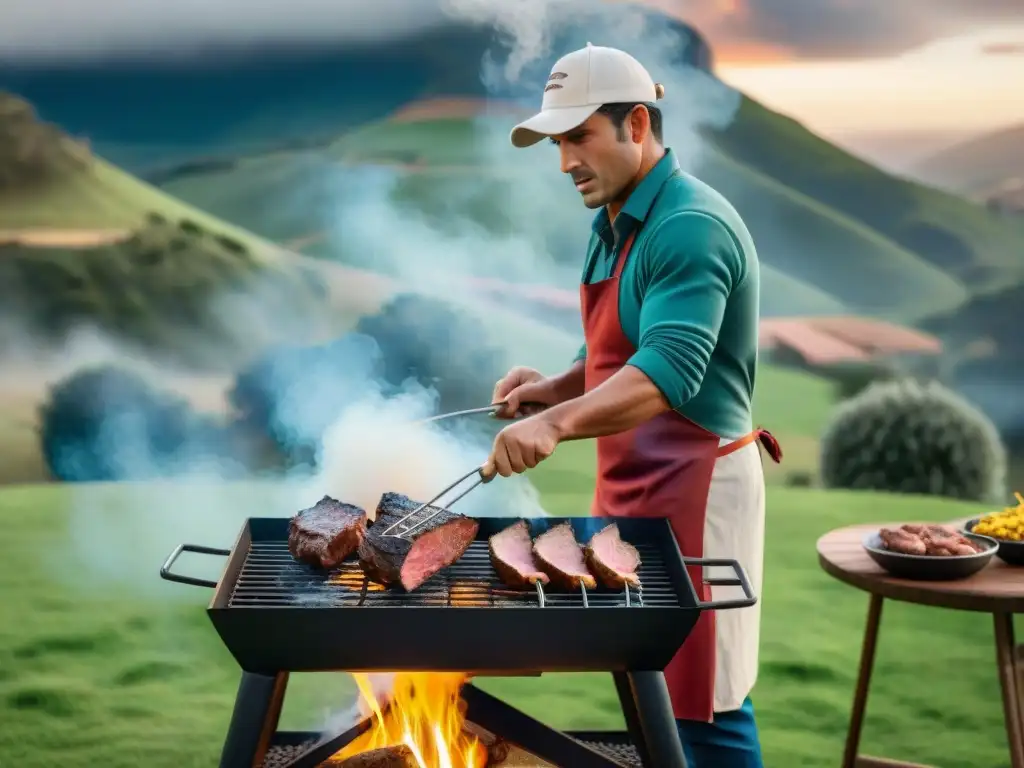 Un maestro parrillero uruguayo experto en una estancia, asando carnes a la parrilla sobre fuego de leña, en una escena lujosa y tradicional