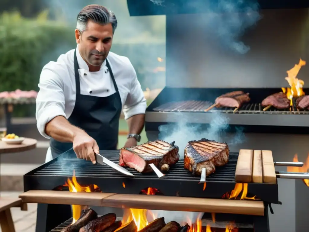 Un maestro de las técnicas de asado uruguayo modernas prepara carne en la parrilla mientras las llamas bailan a su alrededor