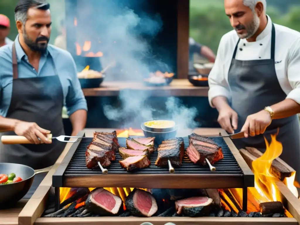 Maestros del asado uruguayo certificados, expertos en la parrilla, detalles de carne marmoleada y humo, ambiente rústico