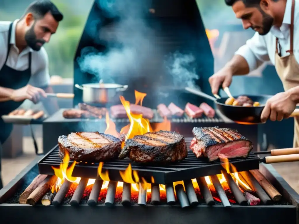 Maestros del asado uruguayo compartiendo secretos en una parrillada al aire libre, entre carne y humo
