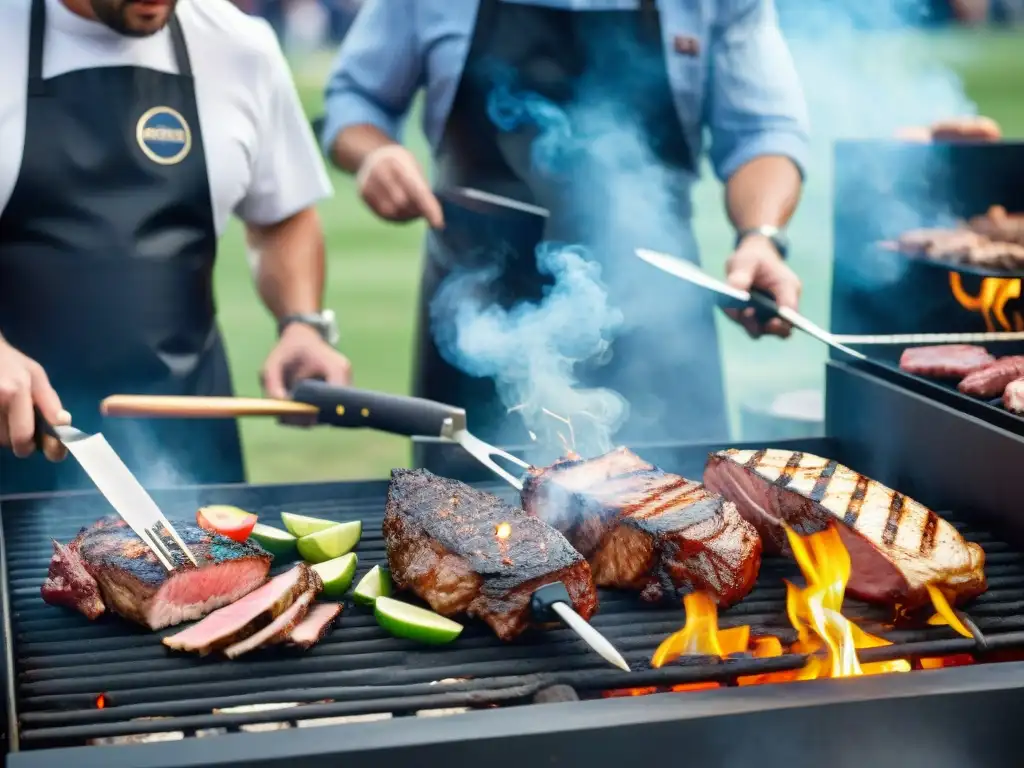 Maestros asadores compiten en un concurso de asado con intensidad y enfoque, mientras espectadores observan maravillados