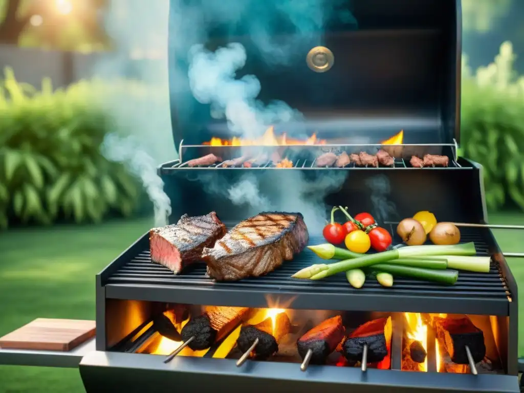 Maestros asadores expertos cuidando carnes y vegetales en una parrilla humeante, inspirando a principiantes