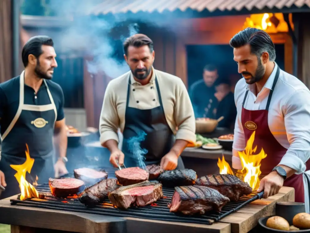 Maestros asadores uruguayos certificados en parrilla, preparando cortes de carne en una auténtica parrillada