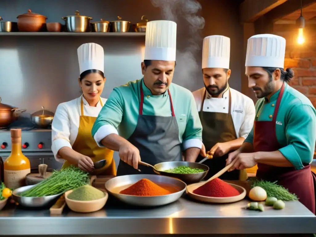 Maestros condimentos Uruguay cocinando en cocina rústica llena de hierbas frescas y especias