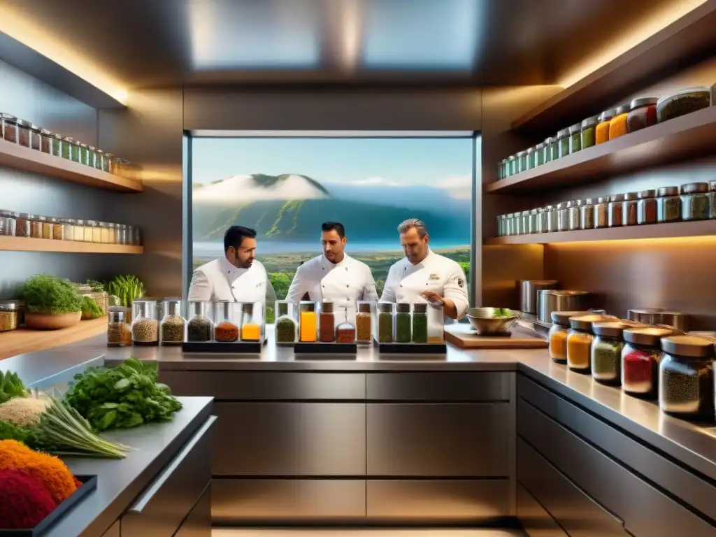 Maestros condimentos Uruguay seleccionando y mezclando especias premium en una cocina moderna llena de ingredientes exóticos de todo el mundo