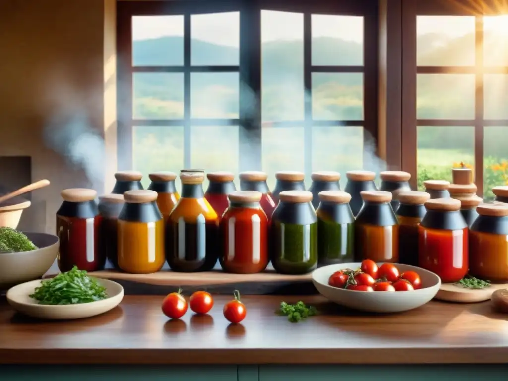 Maestros condimentos Uruguay elaborando sus salsas premiadas en una cocina rústica llena de ingredientes frescos y coloridos